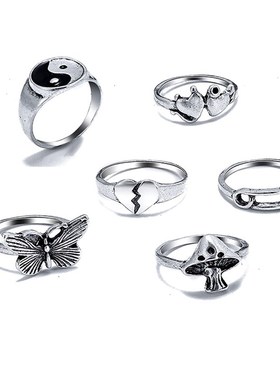 极速叨金属个性蘑菇戒指组套6件套创意K复古太极别针蝴蝶关节戒