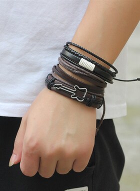 极速男士手錬欧美饰品皮绳编织牛皮手环 合O金吉他三件套套装手饰