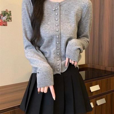 安迪绒春秋新款洋气圆领针织开衫外套女宽松薄款休闲气质上衣毛衣