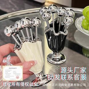 收纳罐蛋糕甜品水果签 高颜值不锈钢水果叉家用儿童安全小叉子套装