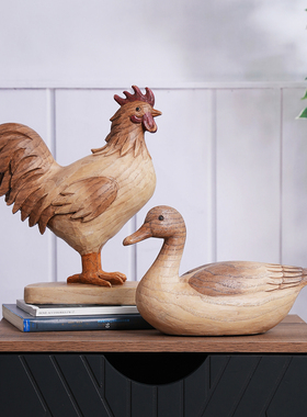 优艺诗树脂仿木效果复古公鸡鸭子木刻动物家居摆件装饰品工艺品