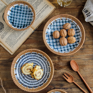 新中式 藤编水果盘家用陶瓷点心盘茶几圆形干果盘精致下午茶小吃盘