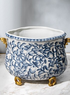 明清古典复古怀旧装饰花盆摆件 陶瓷配铜花插花器样板房软装摆设