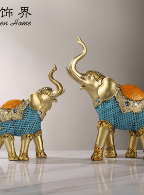 欧式创意情侣大象摆件一对家居客厅摆设电视柜玄关手工彩绘装饰品