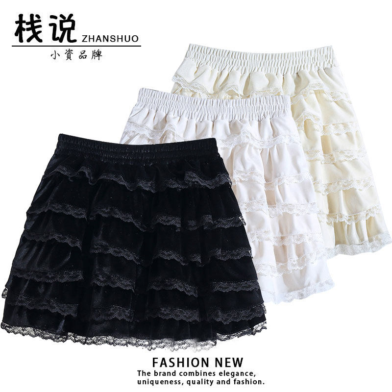 设计感蕾丝拼接丝绒蛋糕裙短裙秋冬2025新款少女感蓬蓬裙半身裙