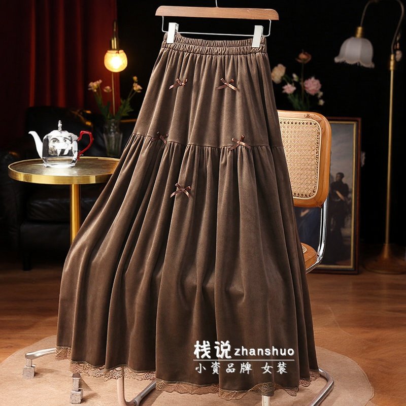 秋冬复古拼接丝绒大摆半身裙女秋