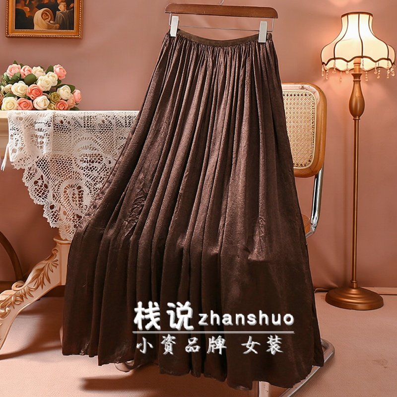 咖色复古褶皱肌理感半身裙女百褶