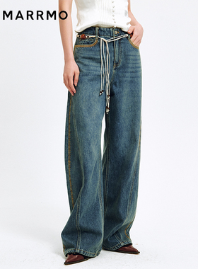 MARRMO/马髦2025年秋季新款宽松直筒丹宁异域腰链弯刀牛仔长裤女