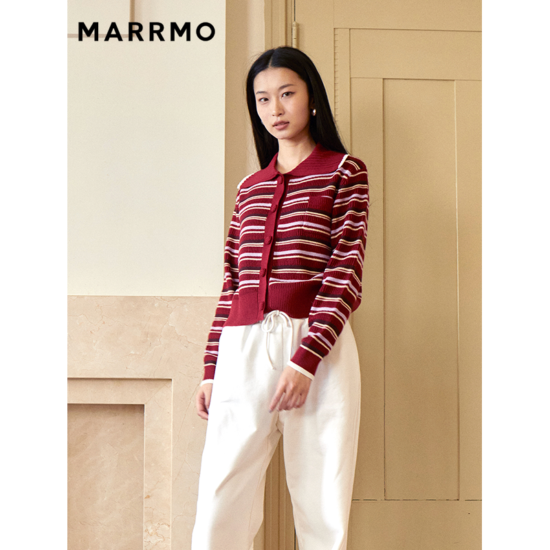 MARRMO复古条纹翻领羊毛毛衣