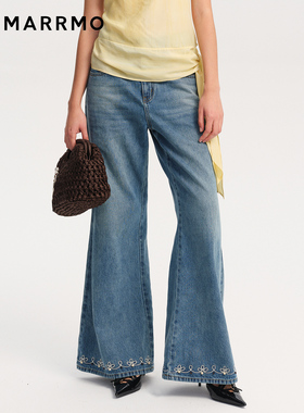 MARRMO/马髦2026春季新款时髦花边刺绣钉珠装饰宽松阔腿牛仔长裤