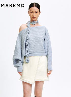 MARRMO/马髦2025秋季新款高级感法式斜肩花朵围巾宽松毛衣女上衣