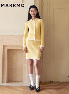 MARRMO/马髦 新款木耳边修身百搭翻领羊毛开衫羊毛半裙时尚套装女