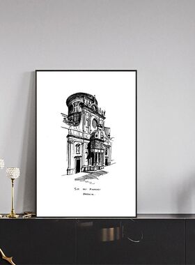黑白创意线条素描建筑装饰画抽象工业风速写现代简约客厅玄关挂画