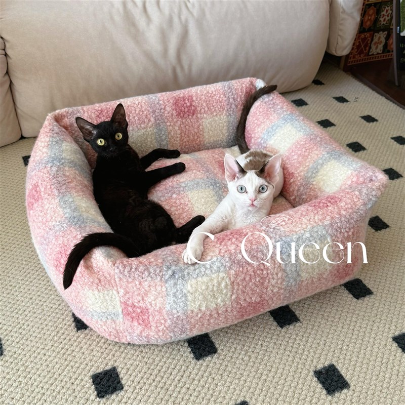 C-Queen/CatsCity卷毛粉格子宠物窝猫窝狗窝巨大巨厚可全拆洗睡床