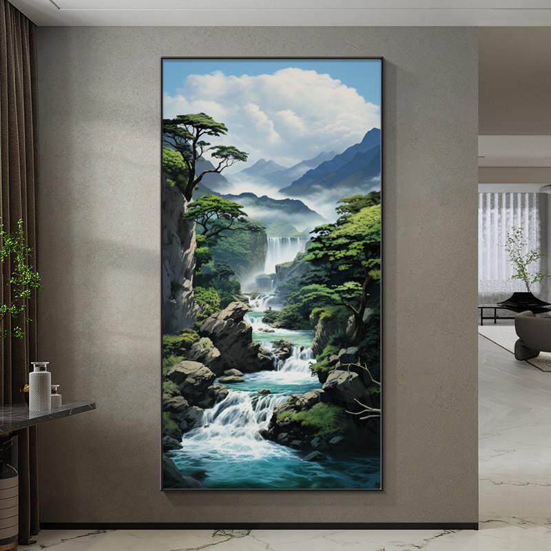 流水生财装饰画入户玄关挂画对门过道走廊壁画源远流长山水风景画