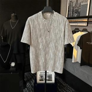 短袖 颂利轻奢男夏季 老钱风提a花彩虹肌理感设计高级冰感wY棉圆领T