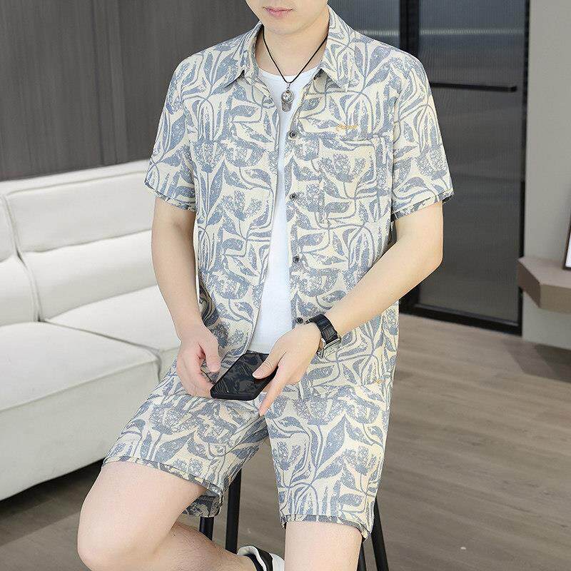 2026新款男士花衬衫套装夏季冰丝透气短袖短裤两件套休闲运动服男