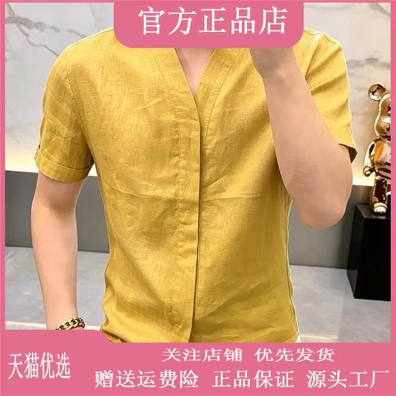 伯乐轻奢Amphelisia夏新款纯色V领衬衫男欧货显瘦修身高级感时尚