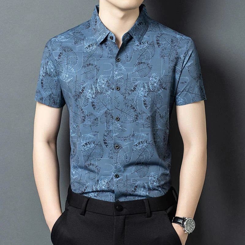 芙倪STUDIO2夏男士凉感潮时尚休闲印花短袖衬衣半袖翻领花衬衫男