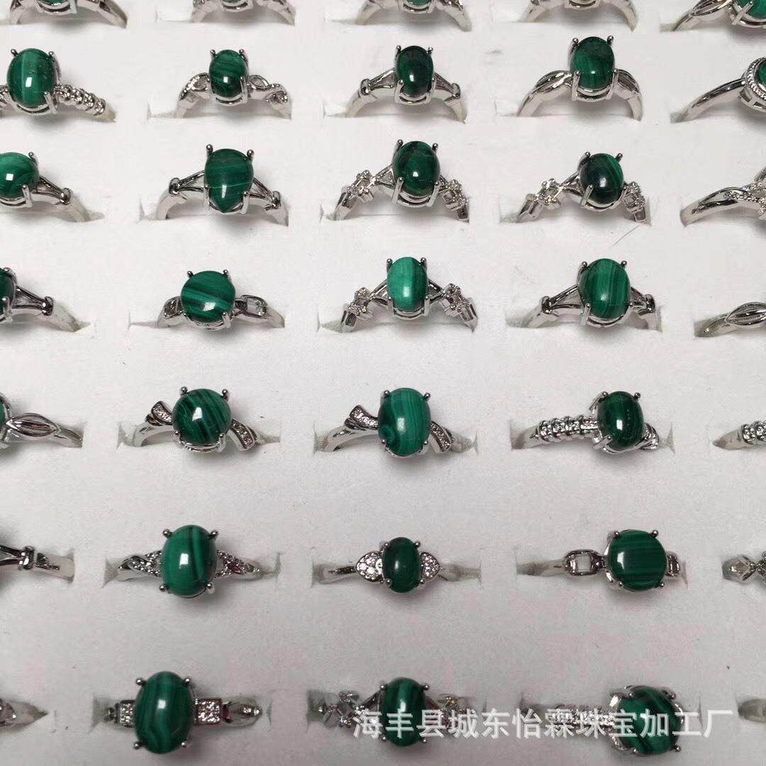 孔雀石戒指铜戒镀银镶嵌活口女通用 百搭直播微商供货货源