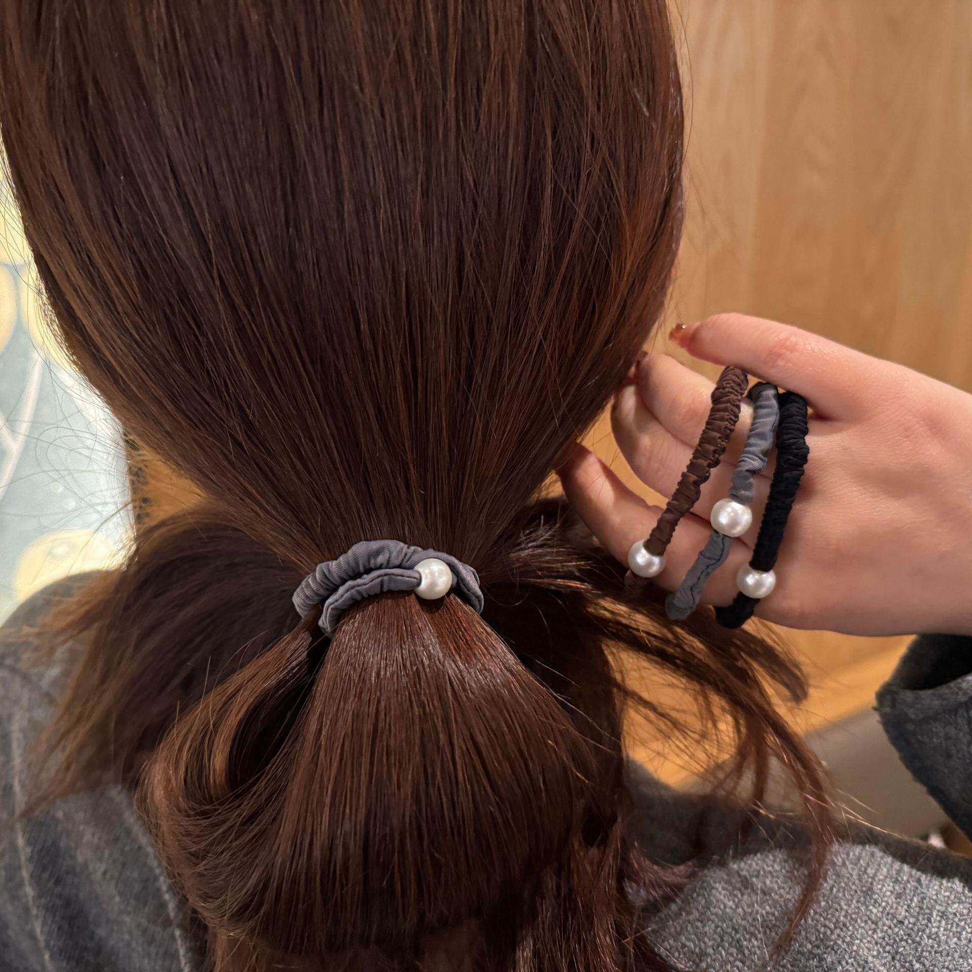 2024韩版细款小冰丝珍珠打底发圈高弹力基础款扎发皮筋丸子头绳女