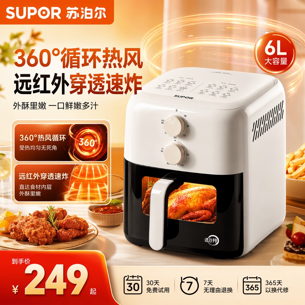 苏泊尔远红外空气炸锅可视化远红外加热电炸锅6L大容量家用免翻面