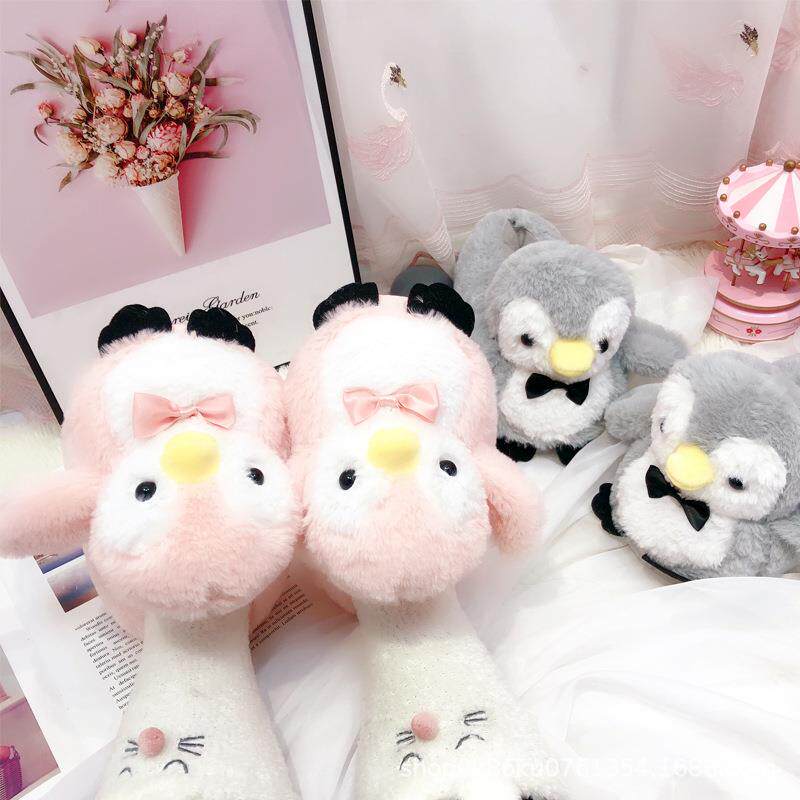 秋冬季男女士可爱卡通网红企鹅室内毛绒厚底情侣包跟家居棉拖鞋