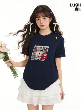 鹿山野 严选美式复古国潮牌纯棉刺绣藏青显白短袖t恤女宽松设计感