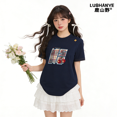 鹿山野 严选美式复古国潮牌纯棉刺绣藏青显白短袖t恤女宽松设计感