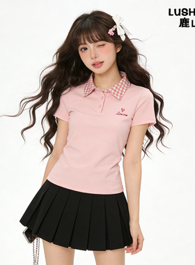 鹿山野 严选粉格翻领刺绣短袖t恤女夏季甜美Polo领修身短款上衣潮