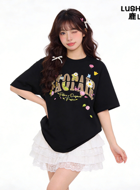 鹿山野 严选发泡印花!!!蝴蝶花卉韩系学院风短袖t恤女INS超火上衣