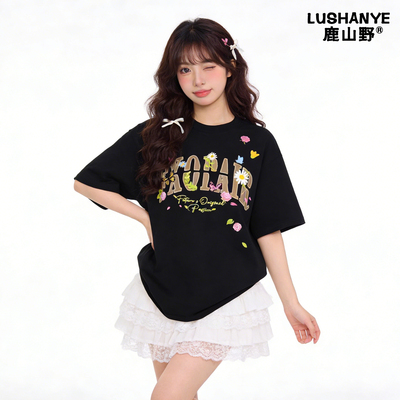 鹿山野 严选发泡印花!!!蝴蝶花卉韩系学院风短袖t恤女INS超火上衣