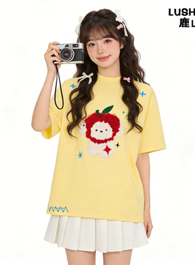 鹿山野 严选刺绣苹果奶黄短袖t恤女夏季设计感小众oversize纯棉潮