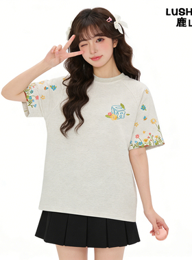 鹿山野 严选重工刺绣韩版国潮牌纯棉短袖t恤女美式高街设计感上衣