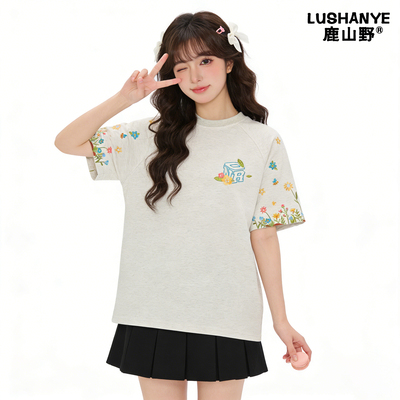 鹿山野 严选重工刺绣韩版国潮牌纯棉短袖t恤女美式高街设计感上衣