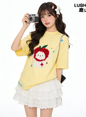 鹿山野 严选日系可爱毛绒苹果狗纯棉短袖t恤女夏季宽松韩系慵懒风