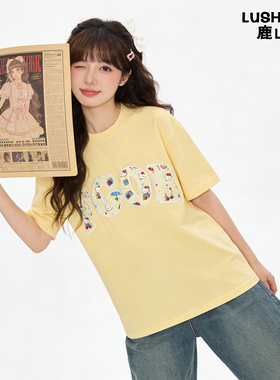 鹿山野 严选贴布刺绣甜美字母纯棉短袖T恤夏季新款学院宽松高颜值