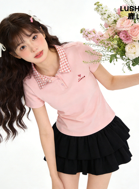 鹿山野 严选韩系刺绣字母2026夏季甜美新爆款设计拼接短袖修身T恤