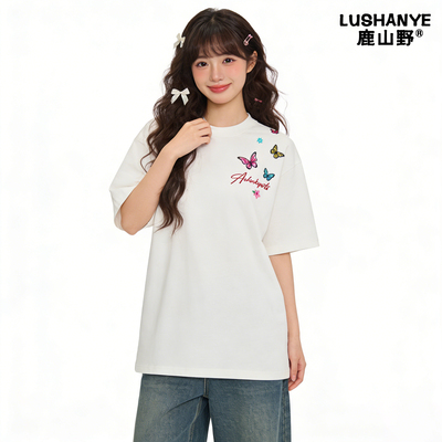 鹿山野 严选国潮牌蝴蝶刺绣短袖t恤男女夏季美式高街甜美纯棉上衣