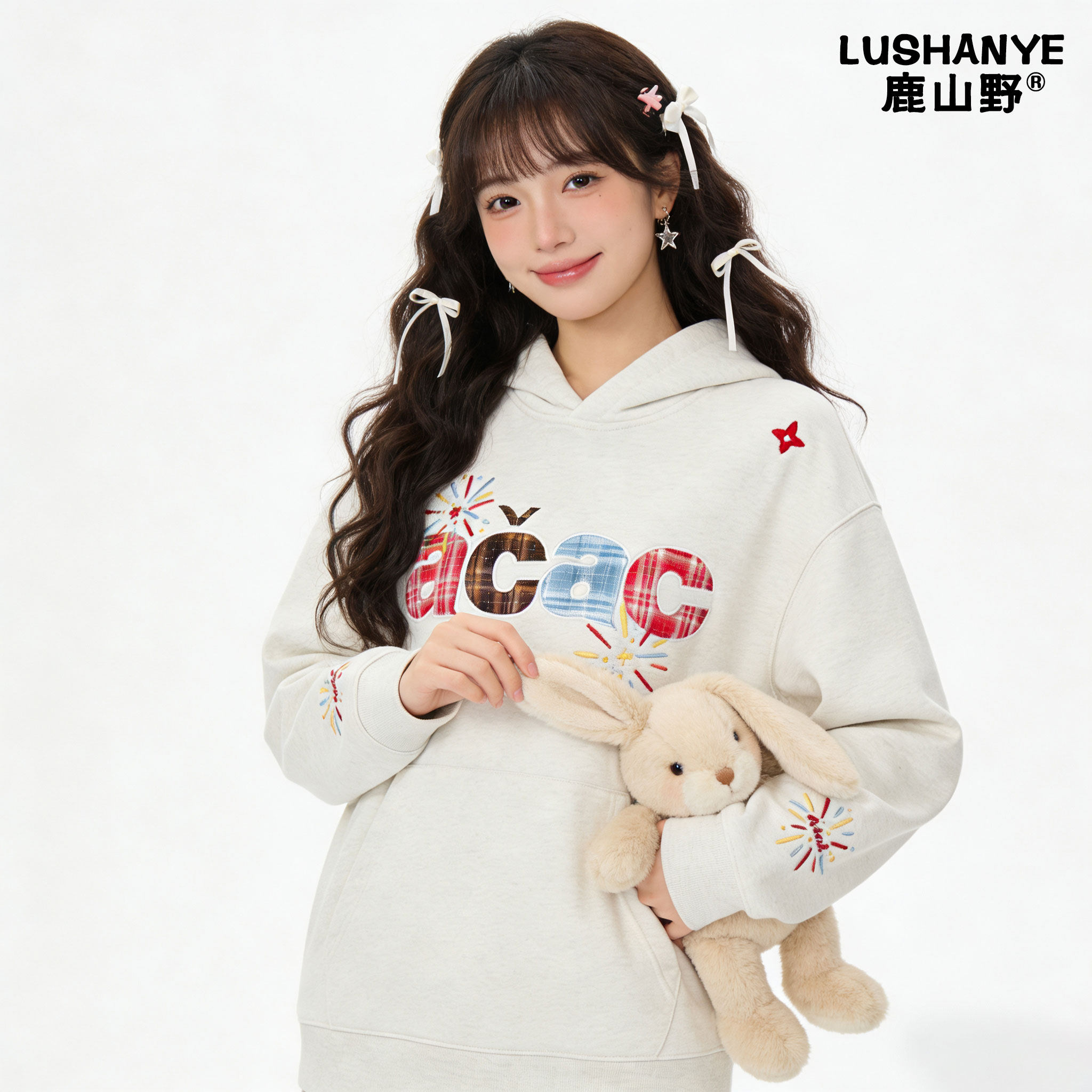 鹿山野 严选美式灰色烟花刺绣字母连帽卫衣女冬季加绒宽松外套INS