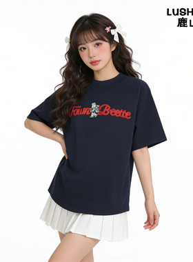 鹿山野 严选纯棉美式复古字母刺绣小熊显白短袖女t恤夏宽松慵懒风