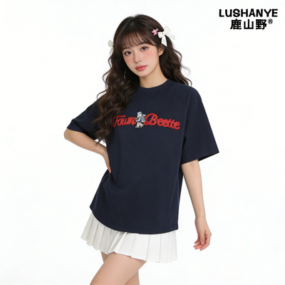 鹿山野 严选纯棉美式复古字母刺绣小熊显白短袖女t恤夏宽松慵懒风