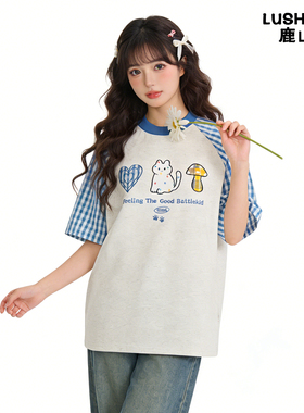 鹿山野 严选青春少女感!!贴布刺绣小众夏季百搭拼接插肩袖T恤上衣