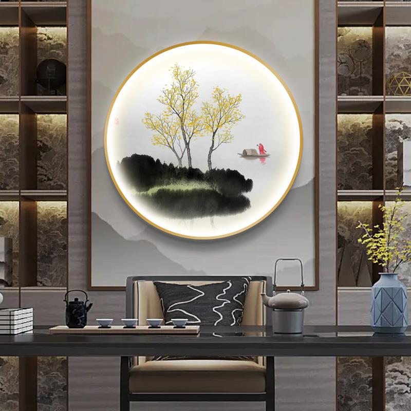 新中式山水带灯装饰画书房茶室客厅走廊玄关壁灯 圆形LED禅意挂画