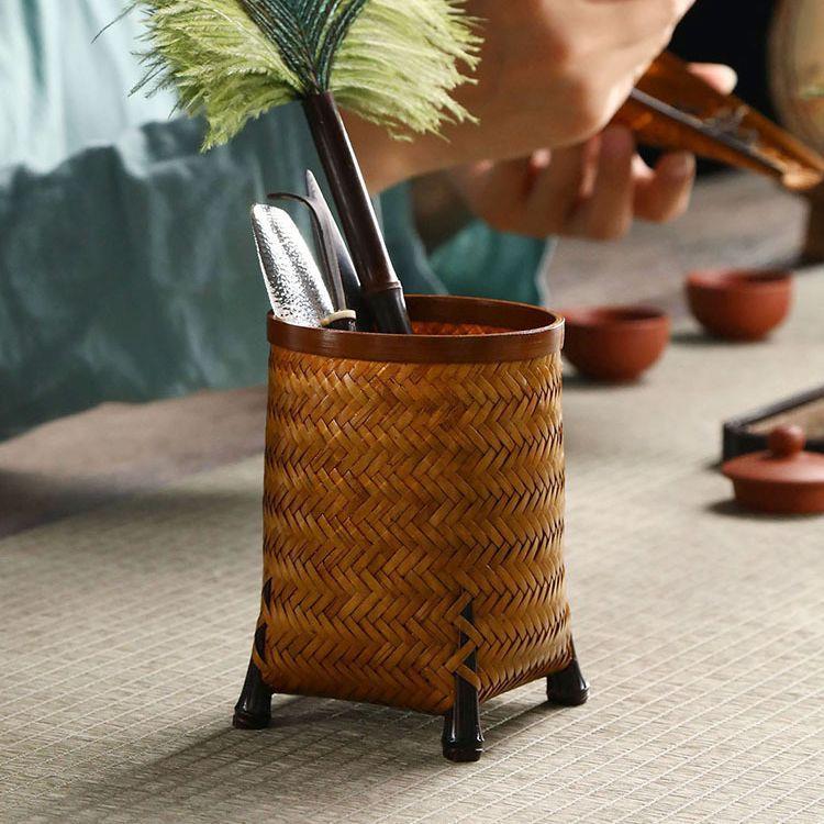 竹编大漆笔筒手工六君子茶筒 复古收纳筒 茶则茶针茶夹茶道零配件