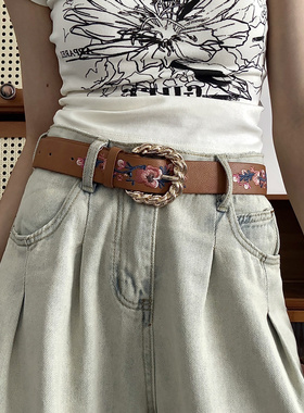 VDRM小众设计民族风刺绣皮带女款配牛仔裤美式麻花扣腰带百搭裤带