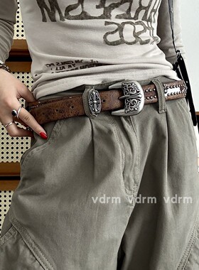 VDRM复古风铆钉皮带女款配牛仔裤棕色重工腰带韩版百搭高级感裤带