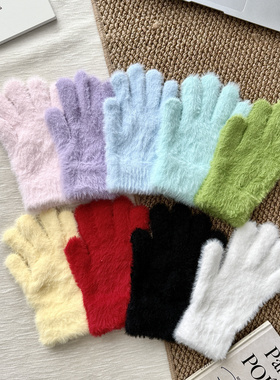 2025新款韩系可爱纯色毛绒手套女冬季加厚保暖防寒露指可触屏学生