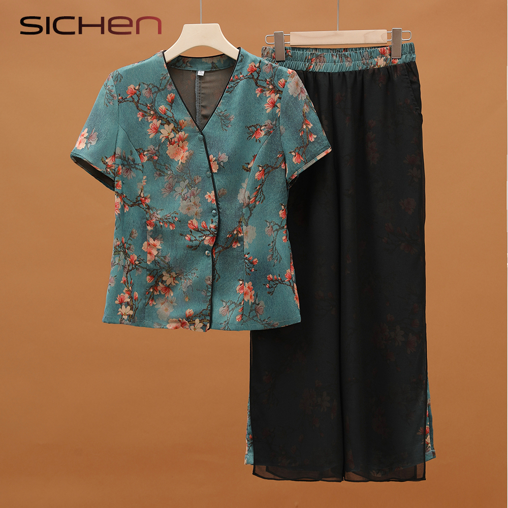 中老年妈妈夏装洋气花色时尚套装