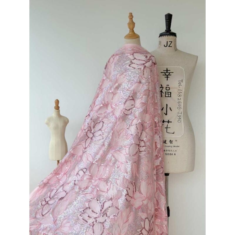 S3粉紫色亮片大花立体刺绣软网纱刺绣蕾丝布料旗袍服装面料